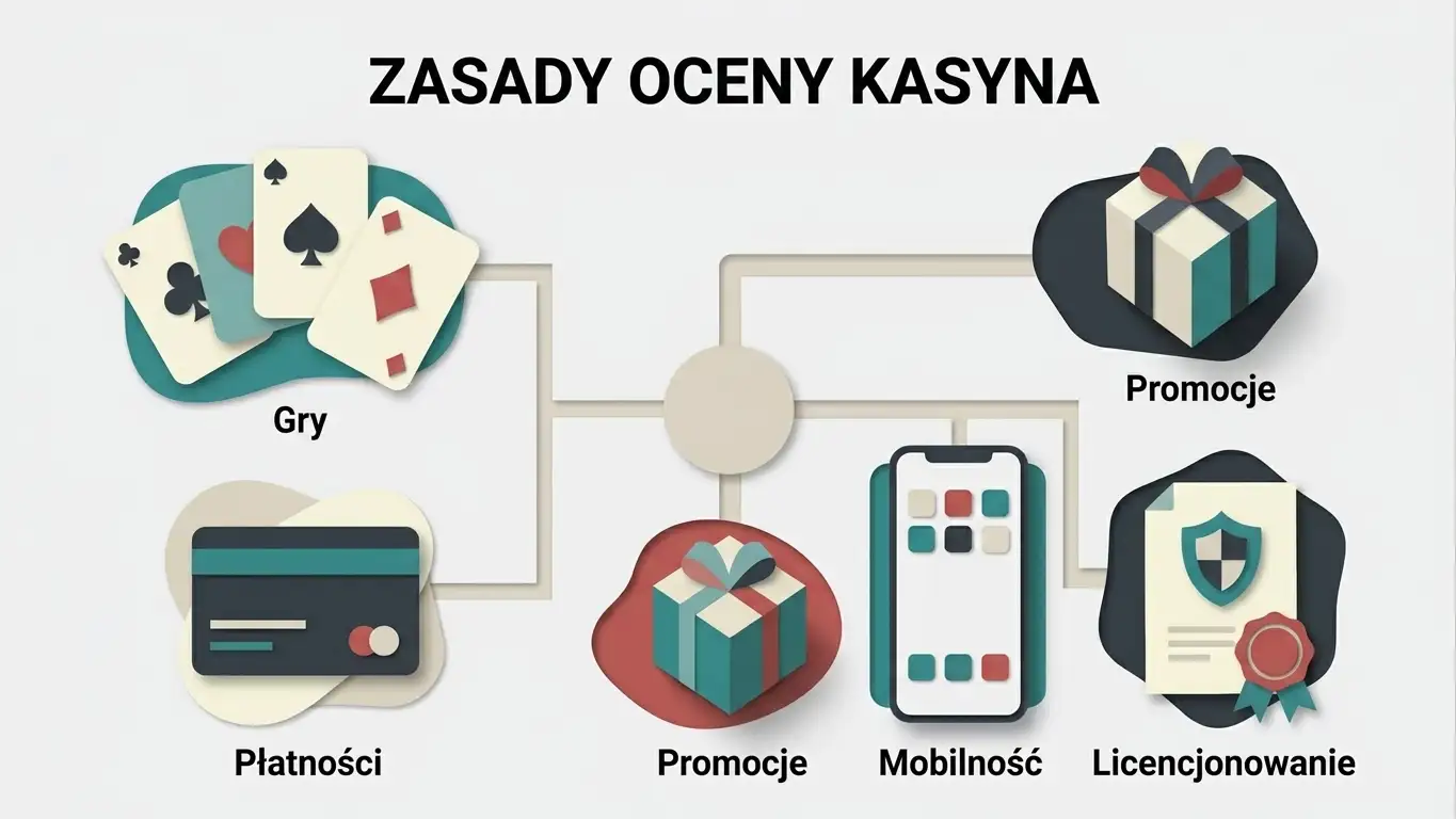 Ilustracja pięciu obszarów decyzji: gry, płatności, bonus, dostęp mobilny i licencja